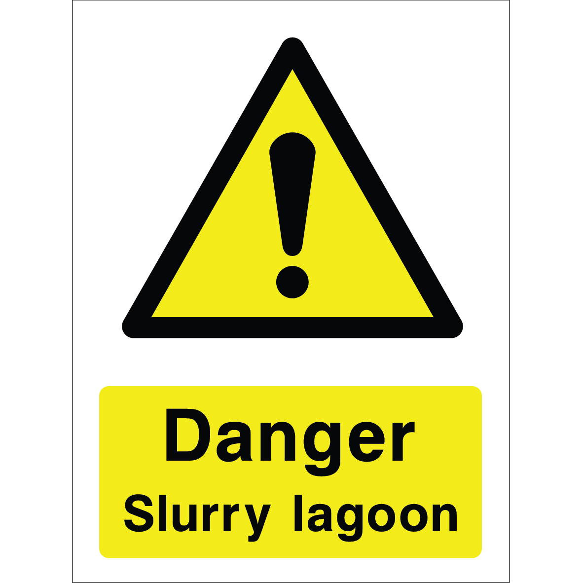 Warning sign with a yellow triangle containing an exclamation mark and the words “Danger Slurry lagoon” in bold black on yellow background