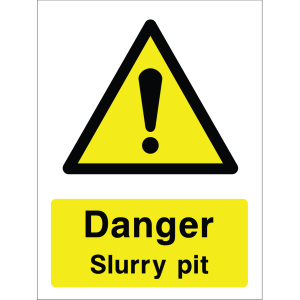 Warning sign with a yellow triangle containing an exclamation mark and the words “Danger Slurry pit” in bold black on yellow background