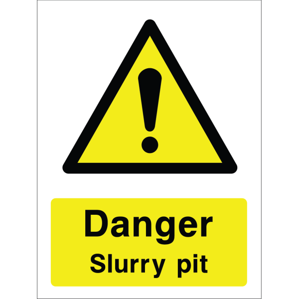 Warning sign with a yellow triangle containing an exclamation mark and the words “Danger Slurry pit” in bold black on yellow background