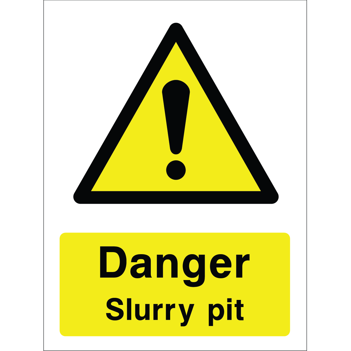 Warning sign with a yellow triangle containing an exclamation mark and the words “Danger Slurry pit” in bold black on yellow background