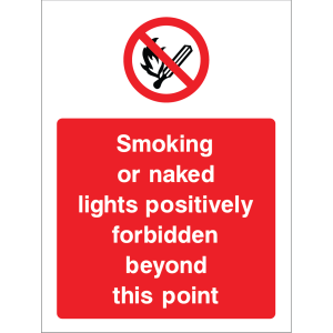 Outdoor "Smoking or naked lights forbidden beyond this point" warning sign with prohibition symbol