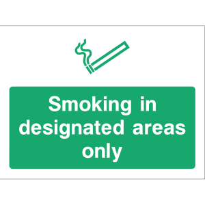 Outdoor "Smoking in designated areas only" warning sign with cigarette icon
