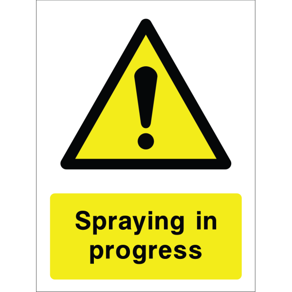 Warning sign with a yellow triangle containing an exclamation mark and the words “Spraying in progress” in bold black on yellow background