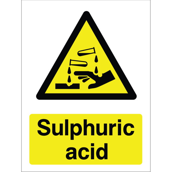 Warning sign with yellow triangle, black pictogram of a test tube spilling onto a hand, and "Sulphuric Acid" text.