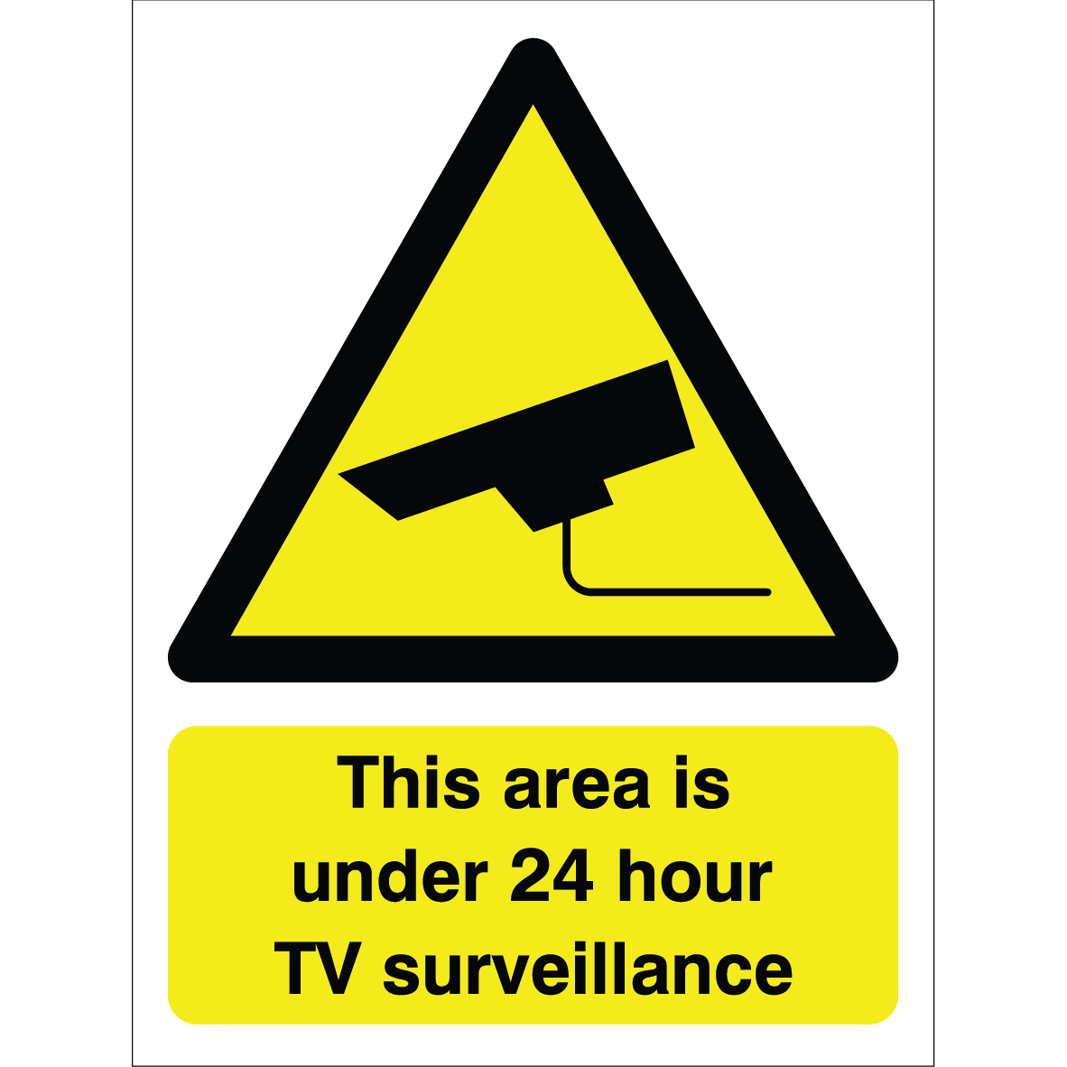 Outdoor warning sign with CCTV camera icon and message in black on yellow background