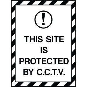 Outdoor warning sign with black text and an exclamation mark icon, stating "This site is protected by CCTV," used to inform about surveillance