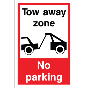 Outdoor "Tow away zone" and "No parking" sign with tow truck graphic, warning vehicles will be towed