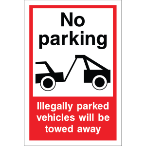Outdoor "Illegally parked vehicles will be towed away" sign with no parking symbol and warning text, used to enforce towing and parking restrictions