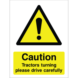 Caution sign with exclamation mark and tractor turning message in bold black text on yellow background