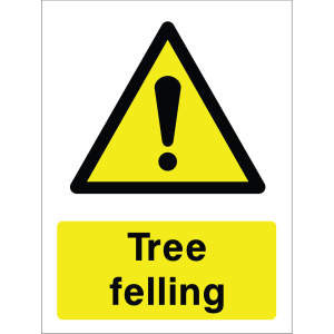Warning sign with a yellow triangle containing an exclamation mark and the words “Tree falling” in bold black on yellow background