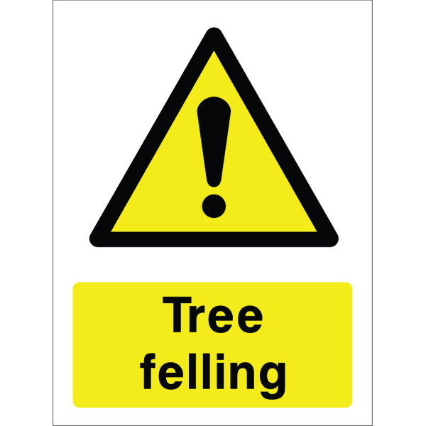 Warning sign with a yellow triangle containing an exclamation mark and the words “Tree falling” in bold black on yellow background