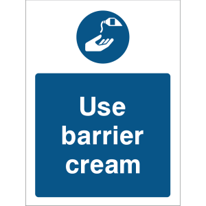 Blue warning sign with an icon of a hand applying cream and the message “Use barrier cream”