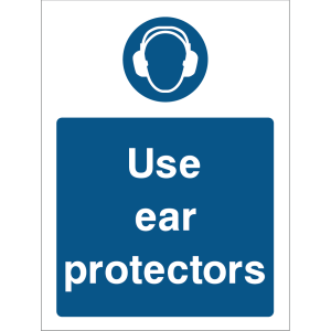 Blue warning sign with a head wearing ear protectors icon and the text “Use ear protectors”