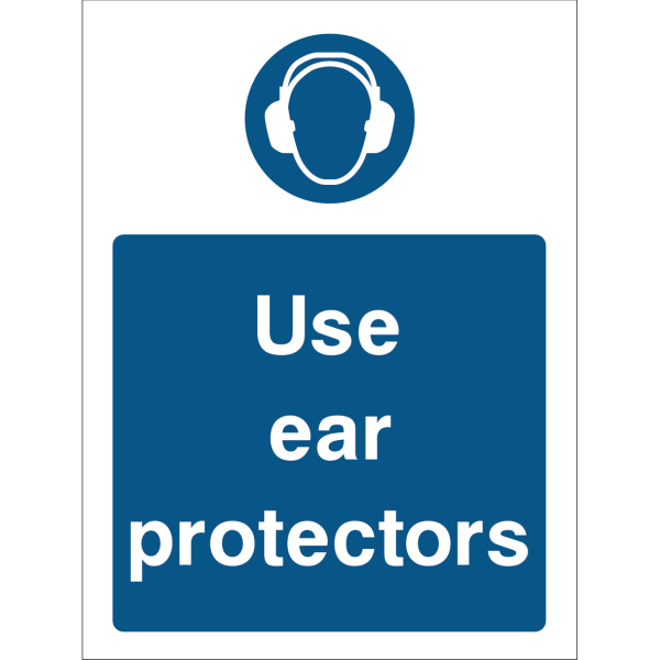 Blue warning sign with a head wearing ear protectors icon and the text “Use ear protectors”
