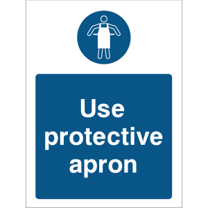 Blue warning sign with an icon of a person wearing an apron and the message “Use protective apron”