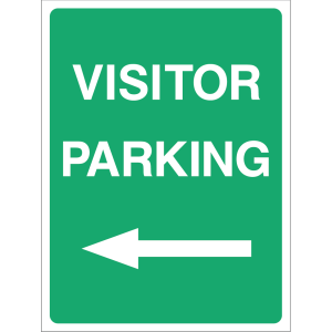 Green "Visitor Parking" directional sign with white text and left-pointing arrow, suitable for outdoor use to guide visitors
