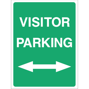Green "Visitor Parking" directional sign with white text and arrows pointing left and right, used outdoors to guide visitors to parking