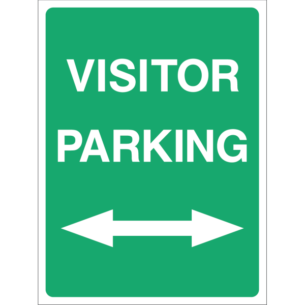 Green "Visitor Parking" directional sign with white text and arrows pointing left and right, used outdoors to guide visitors to parking