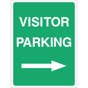 Green "Visitor Parking" directional sign with white text and arrow, used outdoors to guide visitors to parking