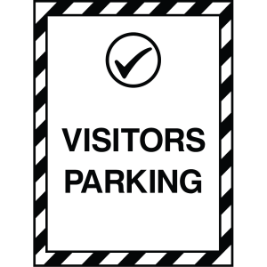 Black and white "Visitors Parking" sign with checkmark icon, used outdoors to designate parking for visitors