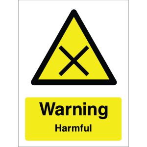 Warning sign with yellow background, black border, and "Warning Harmful" text.