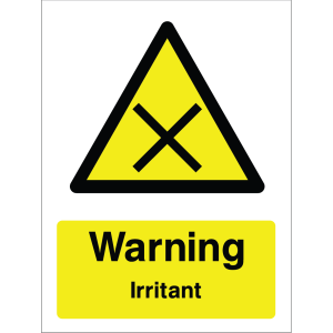 A yellow warning sign featuring a black triangle with an 'X' symbol and bold text: "Warning Irritant".