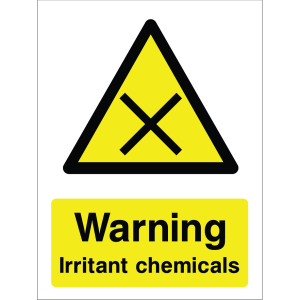 Warning sign with yellow triangle, black 'X' symbol, and "Warning Irritant chemicals" text.