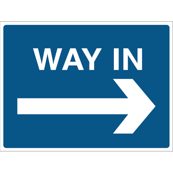 Blue directional sign with a white arrow pointing right and the words “Way In”