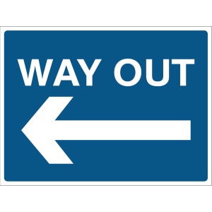 Blue safety sign with a white arrow pointing left and the words “Way Out”