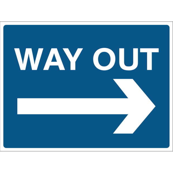 Blue safety sign with a white arrow pointing right and the words “Way Out”