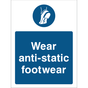 Blue warning sign with an icon of a foot and anti-static symbol and the message “Wear anti-static footwear”