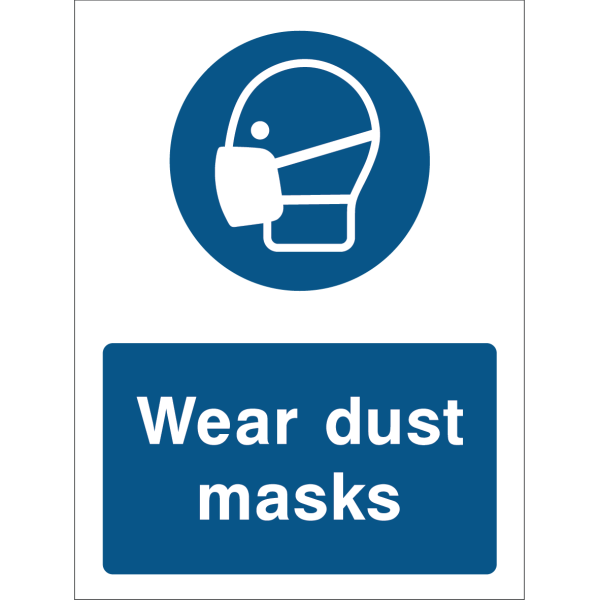 Wear Dust Masks safety sign with icon and white text on blue background