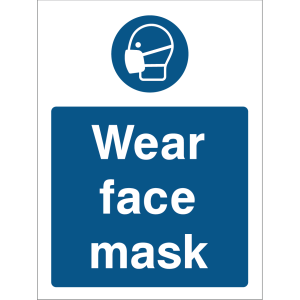 Blue warning sign with an icon of a face mask and the text “Wear face mask”