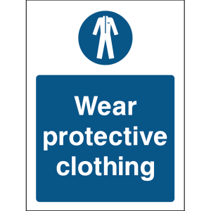 Blue warning sign with an icon of protective clothing and the message “Wear protective clothing”