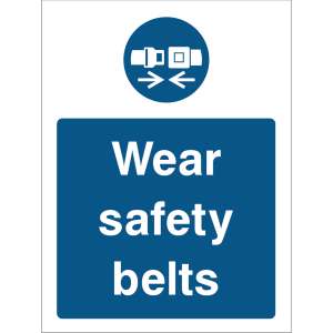 Blue warning sign with an icon of a seatbelt and the message “Wear safety belts”