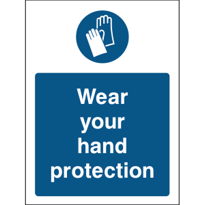 Blue warning sign with an icon of gloved hands and the message “Wear your hand protection”
