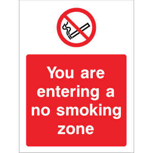 Outdoor "You are entering a no smoking zone" warning sign with no smoking symbol