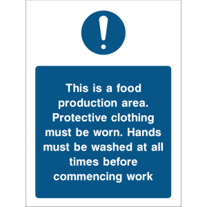 Food production area safety sign for protective clothing and hand washing