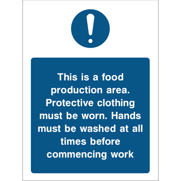 Food production area safety sign for protective clothing and hand washing
