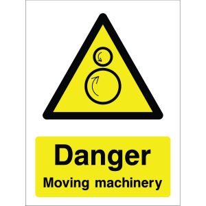 Danger sign with a yellow triangle featuring machinery icon and the message “Danger Moving machinery” in bold black text on yellow background