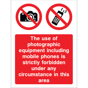 Outdoor "Photographic equipment including mobile phones is strictly forbidden" warning sign with prohibition symbols