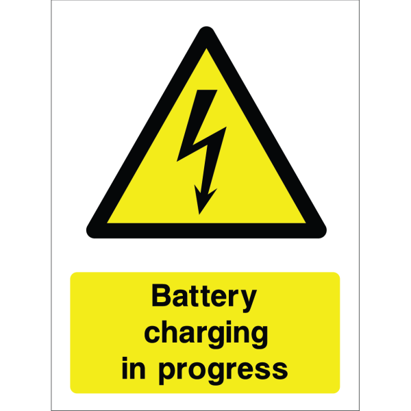 Warning sign showing a lightning bolt icon and the message: "Battery charging in progress" on yellow background, used to warn about active battery charging zones.