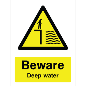 Warning sign showing a person near or over deep water inside a yellow triangle and the message: "Beware Deep Water" on a yellow background, used to alert water users about deep water hazards.