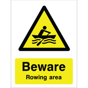 Warning sign showing a rowing icon inside a yellow triangle and the message: "Beware Rowing Area" on a yellow background, used to alert water users about rowing hazards.