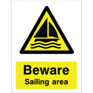 Warning sign showing a sailing boat icon inside a yellow triangle and the message: "Beware Sailing Area" on a yellow background, used to alert boaters and water users to sailing hazards.