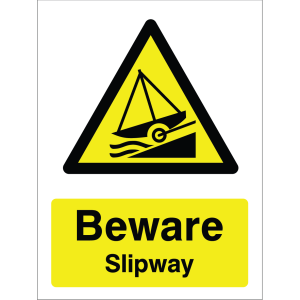 Warning sign showing a slipping boat icon inside a yellow triangle and the message: "Beware Slipway" on a yellow background, used to alert boaters and visitors about slipway hazards.