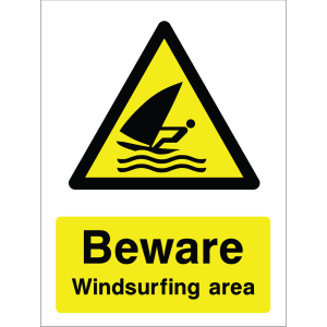 Warning sign showing a windsurfing icon inside a yellow triangle and the message: "Beware Windsurfing Area" on a yellow background, used to alert water users about windsurfing hazards.