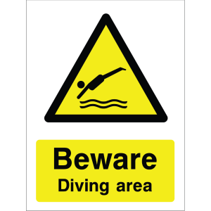 Warning sign showing a diving icon inside a yellow triangle and the message: "Beware Diving Area" on a yellow background, used to alert visitors to diving hazards.