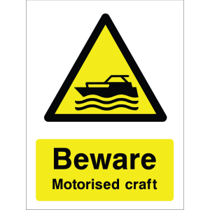 Warning sign showing a motorized boat icon inside a yellow triangle and the message: "Beware Motorised Craft" on a yellow background, used to alert water users to the presence of motorised vessels.