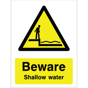 Warning sign showing a person near shallow water inside a yellow triangle and the message: "Beware Shallow Water" on a yellow background, used to alert water users about shallow water hazards.